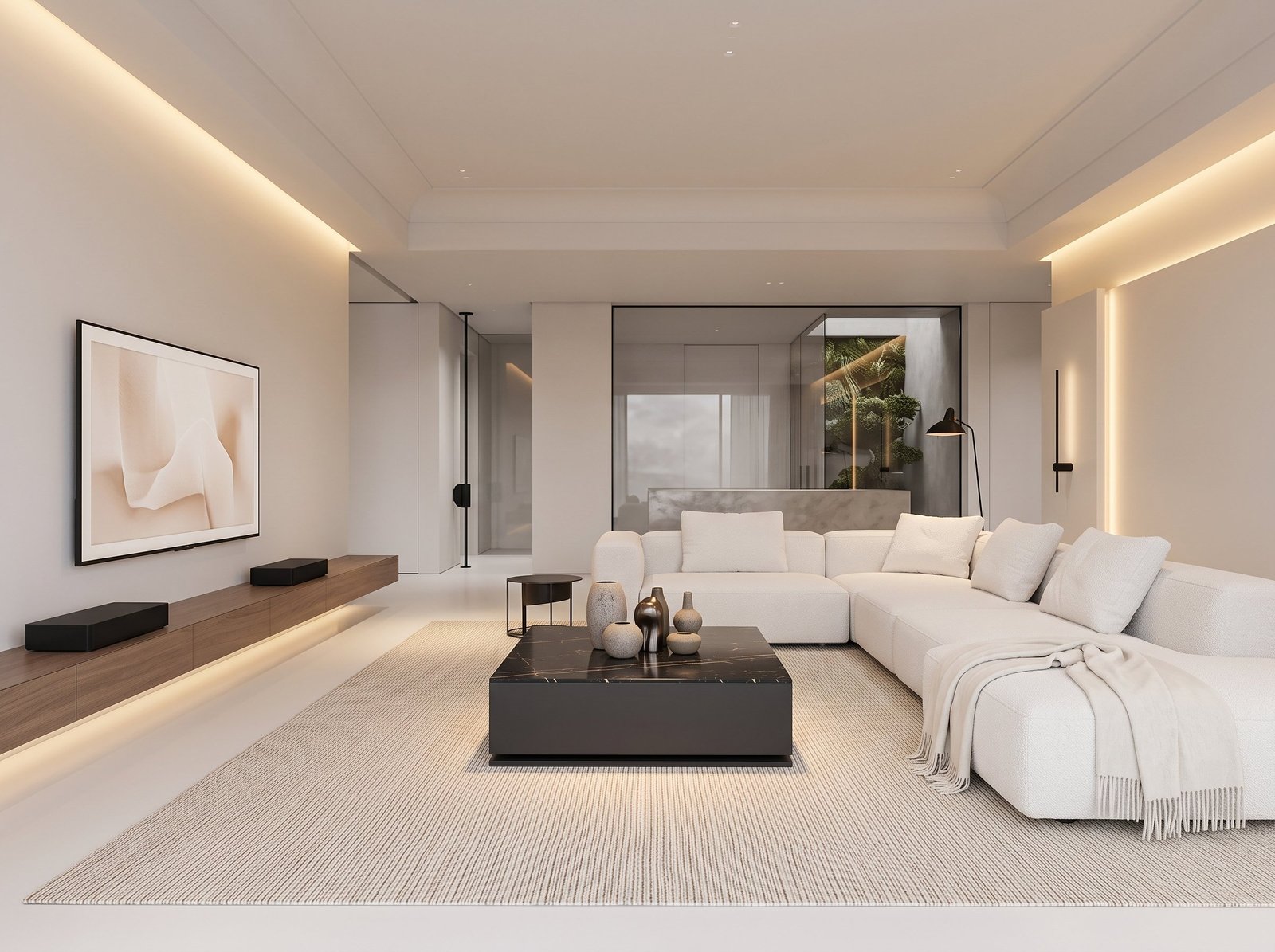 A luxury residential living room styled with a botanical arrangement beside a media console